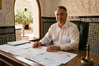 Notaire marocain examinant un titre foncier pour la vente d'un riad à Marrakech