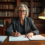 Notaire femme examinant des documents de vente immobilière dans un office notarial traditionnel en Normandie
