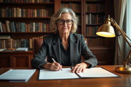 Notaire femme examinant des documents de vente immobilière dans un office notarial traditionnel en Normandie