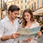 Jeune couple de nouveaux arrivants consultant un plan de quartier dans une rue commerçante animée de Nice