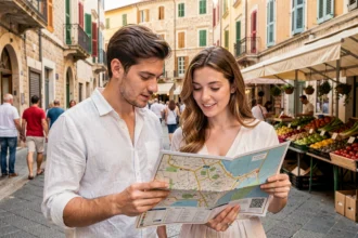 Jeune couple de nouveaux arrivants consultant un plan de quartier dans une rue commerçante animée de Nice