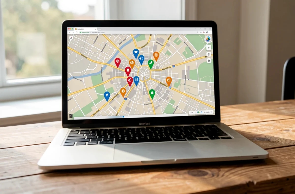 Ordinateur portable affichant une carte avec des repères de ventes