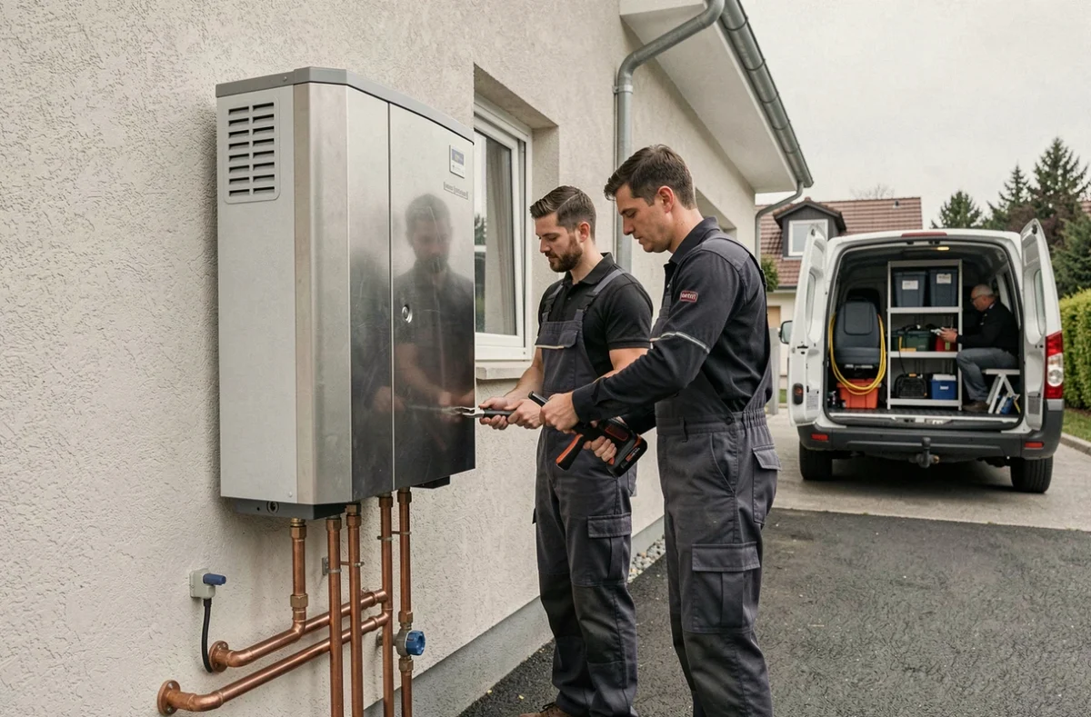 Techniciens d'Oriven installant une pompe à chaleur air-eau sur la façade extérieure d'une maison à Mulhouse
