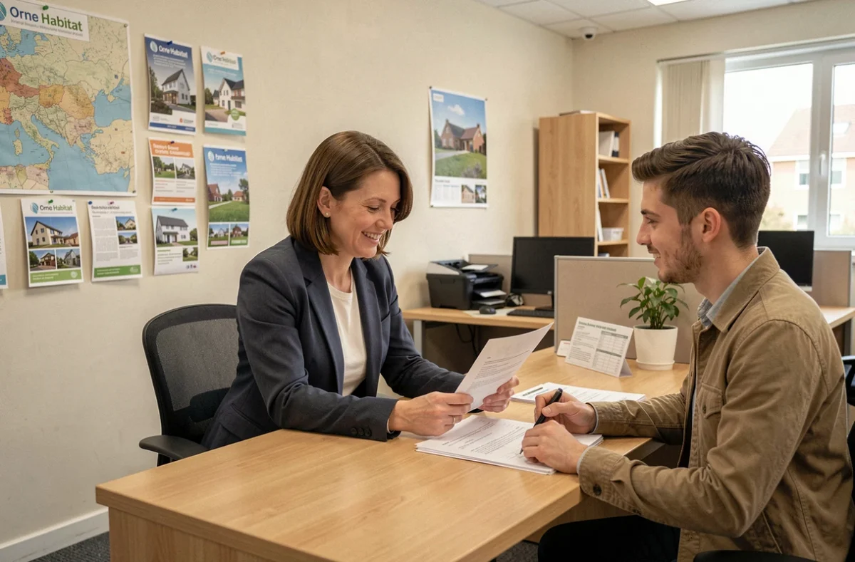 Conseillère d'Orne Habitat en consultation avec un jeune couple dans un bureau d'agence immobilière sociale dans l'Orne