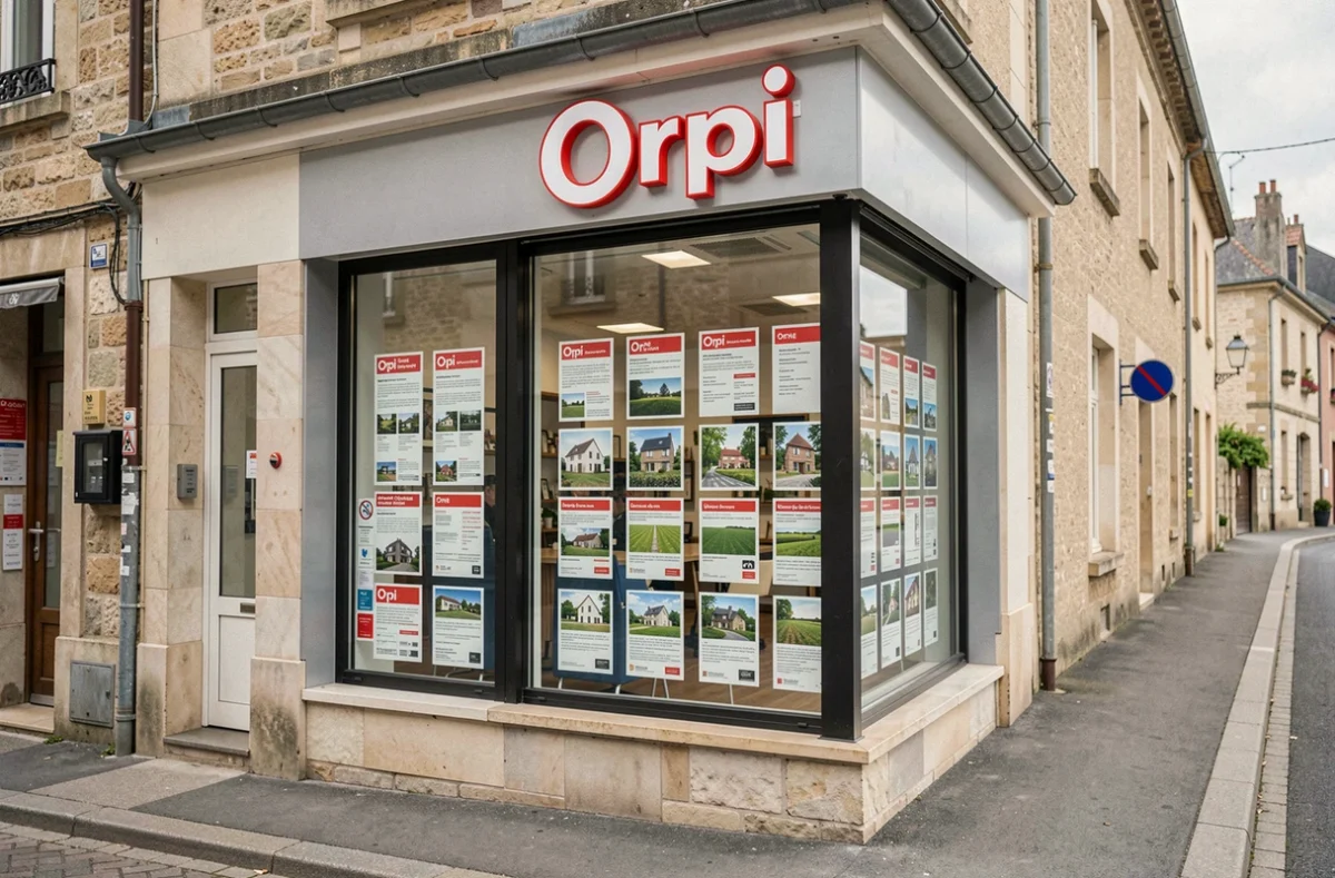 Devanture de l'agence Orpi MNI dans l'Orne avec le logo rouge et blanc Orpi et une vitrine de biens immobiliers locaux