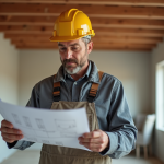 Hommes en travaux avec plans dans une maison rénovée
