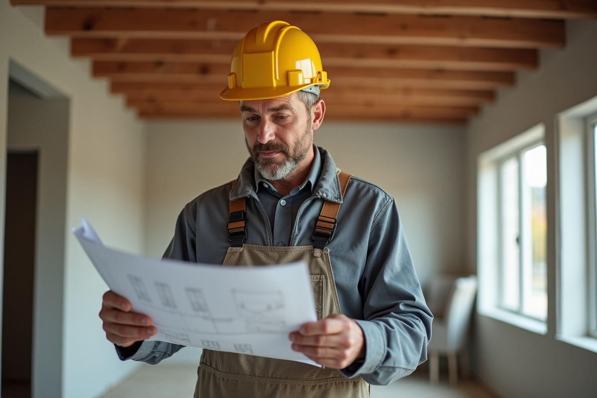 Hommes en travaux avec plans dans une maison rénovée
