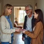 Couple remettant des clés à une jeune femme dans un hall d'appartement