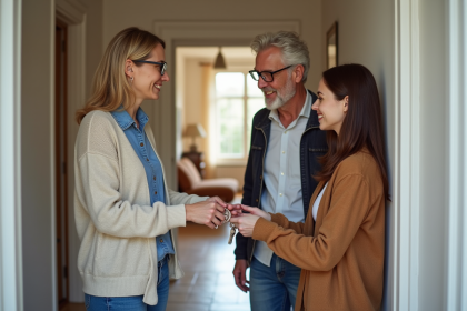 Couple remettant des clés à une jeune femme dans un hall d'appartement