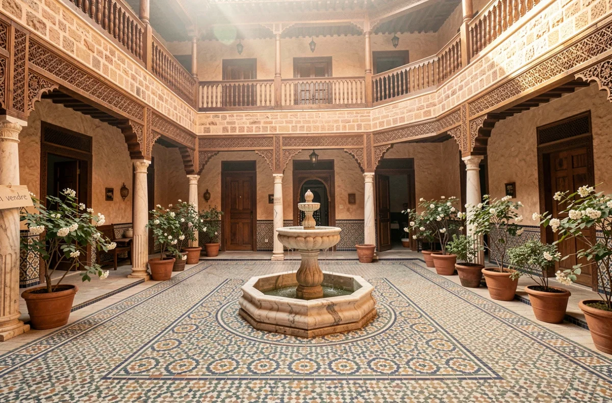Patio traditionnel d'un riad à vendre à Marrakech avec fontaine en marbre et zellige