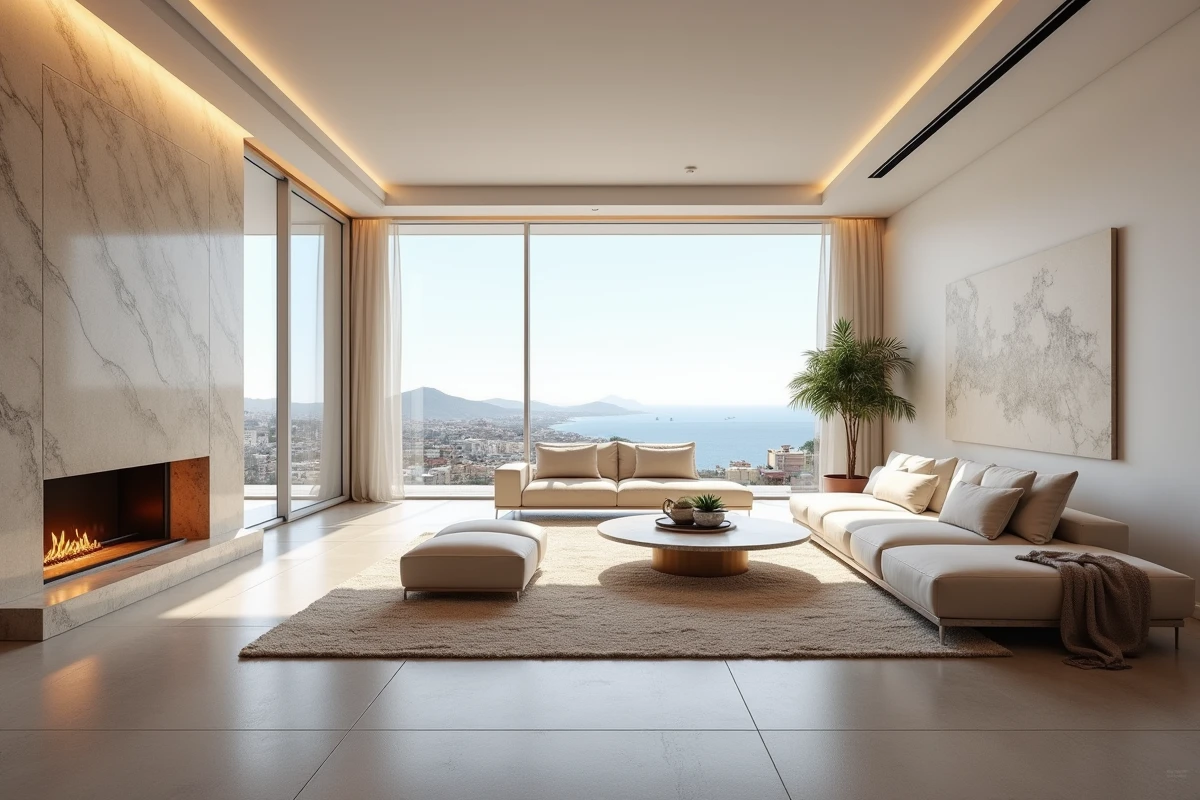 Salon de penthouse de luxe avec terrasse panoramique sur une ville côtière et décoration intérieure raffinée