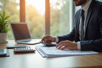 Personne bien habillee examinant documents financiers au bureau