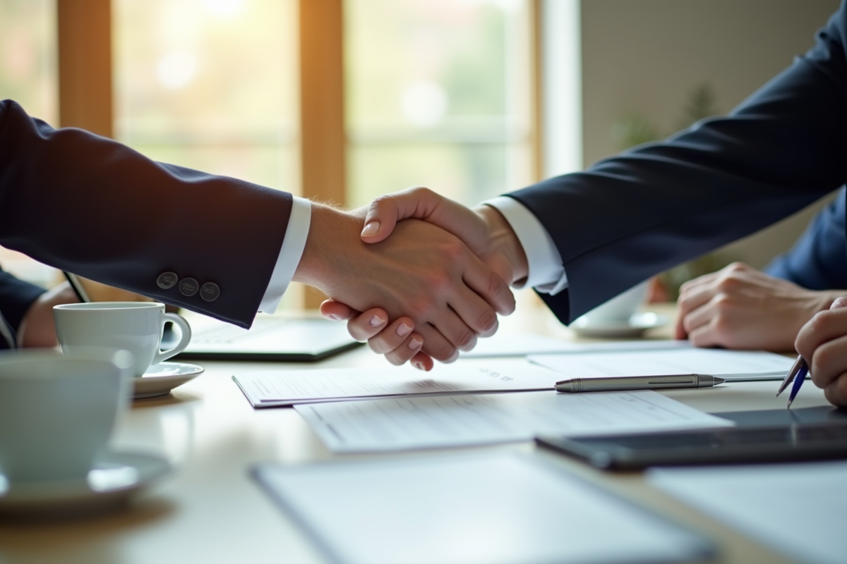 Poignée de main entre deux personnes sur une table avec documents et ordinateur