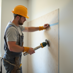 Artisan appliquant du ruban à joint sur un mur neuf avec outils