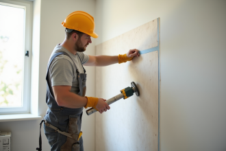 Artisan appliquant du ruban à joint sur un mur neuf avec outils