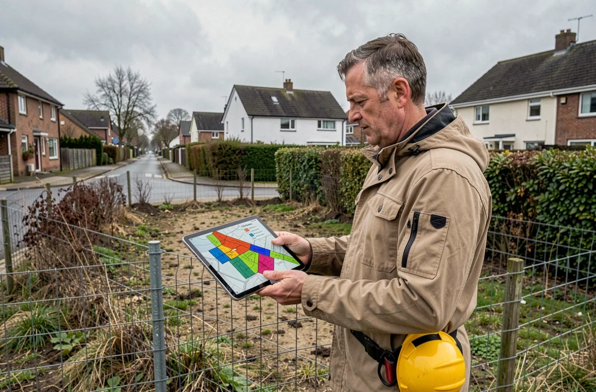 Professionnel de l'urbanisme consultant une carte de servitudes sur tablette devant un terrain résidentiel en zone pavillonnaire