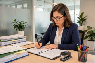 Professionnelle en immobilier remplissant un pré état daté sur son bureau dans un office moderne