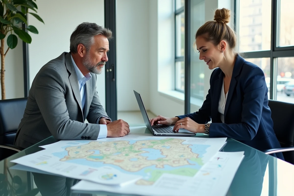 Professionnels immobiliers étudiant une carte parcellaire et des données foncières sur ordinateur dans une agence moderne