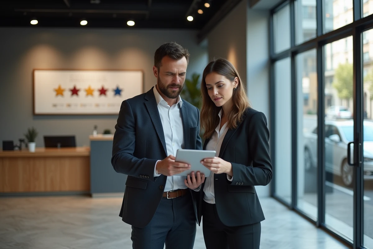 Deux professionnels de l'immobilier évaluant des avis en ligne sur une tablette dans le hall d'une agence