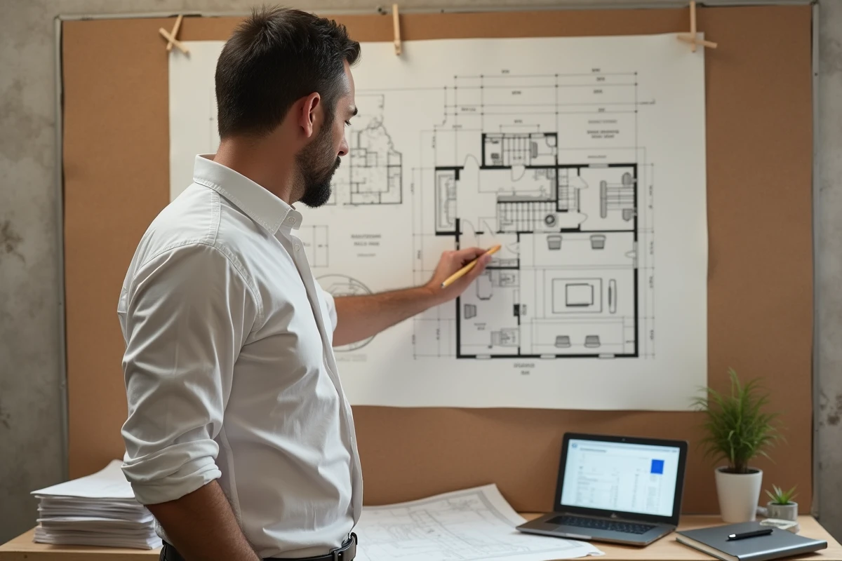 Promoteur immobilier analysant un plan architectural dans un bureau de chantier, représentant la stratégie d'optimisation des frais de notaire pour un marchand de biens