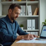 Propriétaire bailleur consultant son espace personnel Nexity sur un ordinateur portable dans un bureau à domicile moderne