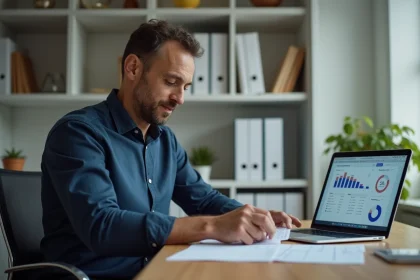 Propriétaire bailleur consultant son espace personnel Nexity sur un ordinateur portable dans un bureau à domicile moderne