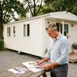 Propriétaire examinant des documents de garantie pour une parcelle de terrain avec mobil-home dans un parc résidentiel