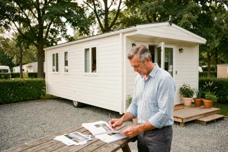 Propriétaire examinant des documents de garantie pour une parcelle de terrain avec mobil-home dans un parc résidentiel