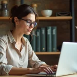 Propriétaire de gîte utilisant son tableau de bord en ligne depuis un bureau à domicile avec vue sur un intérieur rustique