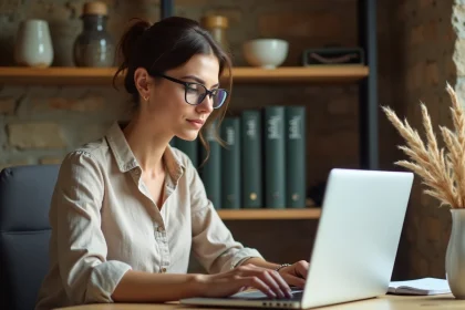 Propriétaire de gîte utilisant son tableau de bord en ligne depuis un bureau à domicile avec vue sur un intérieur rustique