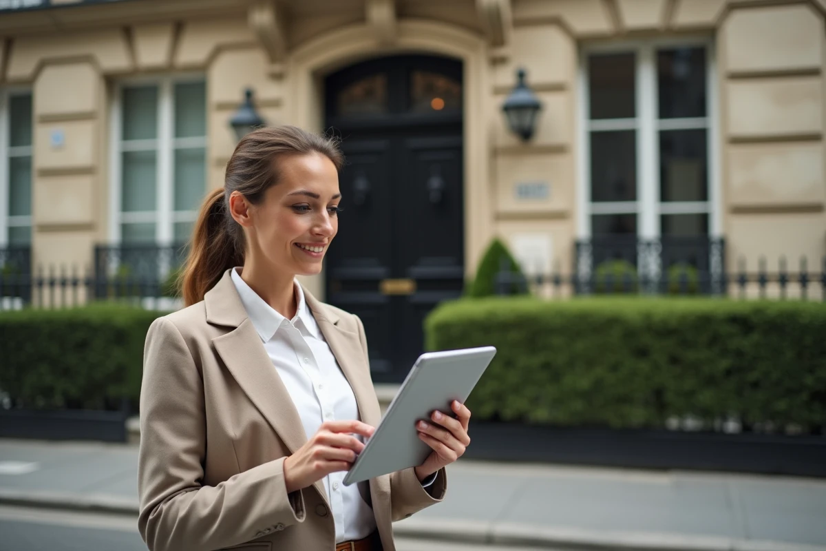 Propriétaire bailleresse devant un immeuble parisien consultant l'application de gestion locative Nexity sur tablette