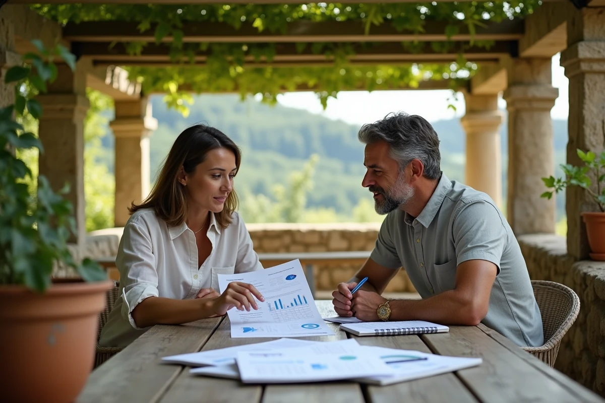 Deux propriétaires de gîtes analysant ensemble un rapport de tableau de bord sur une terrasse en pierre à la campagne