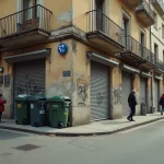 Rue animée et dégradée dans un quartier populaire d'Alès avec des immeubles aux façades abîmées et des poubelles débordantes
