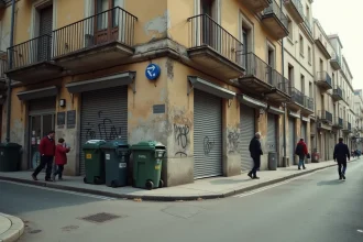 Rue animée et dégradée dans un quartier populaire d'Alès avec des immeubles aux façades abîmées et des poubelles débordantes