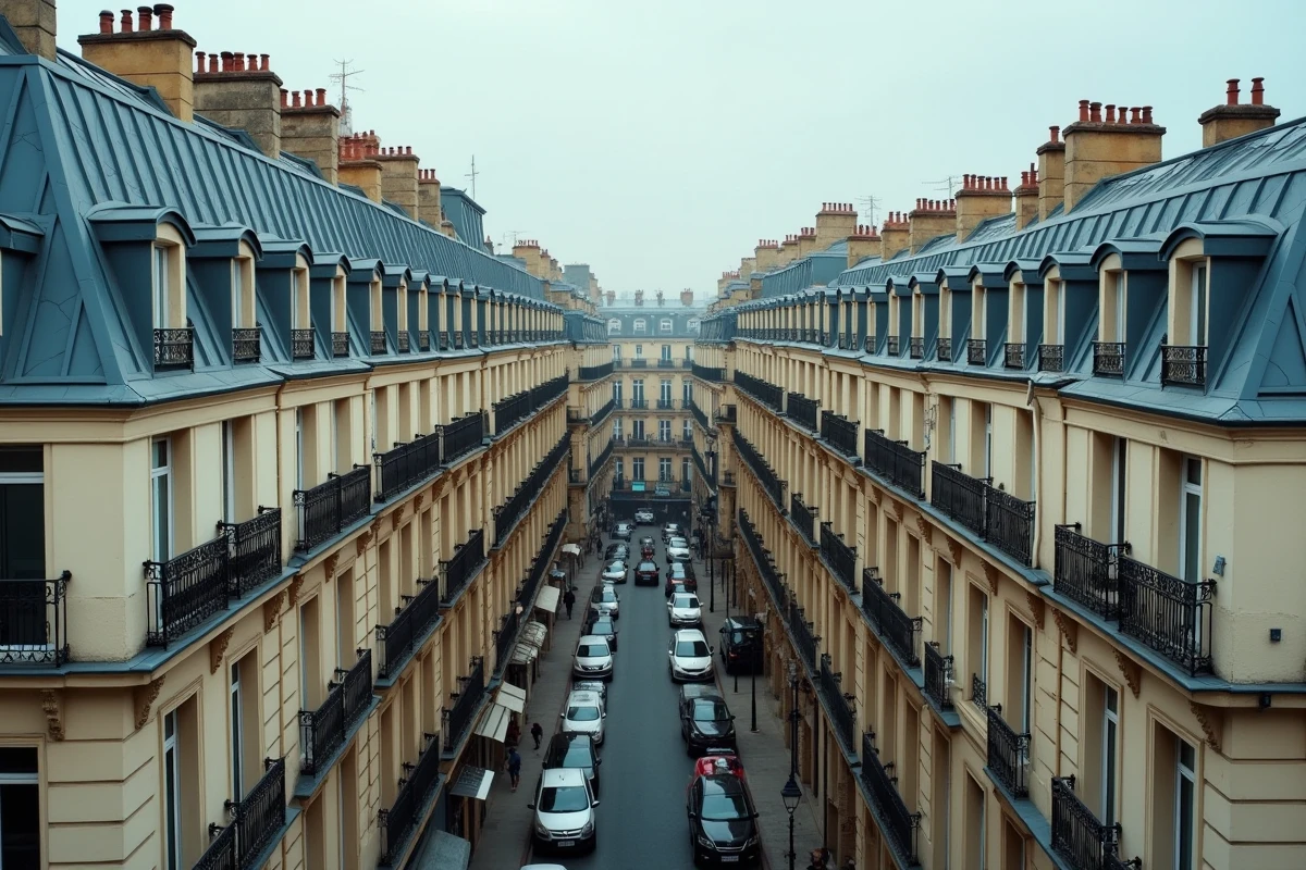 Quartier résidentiel dense en zone tendue avec immeubles haussmanniens typiques d'une grande ville française