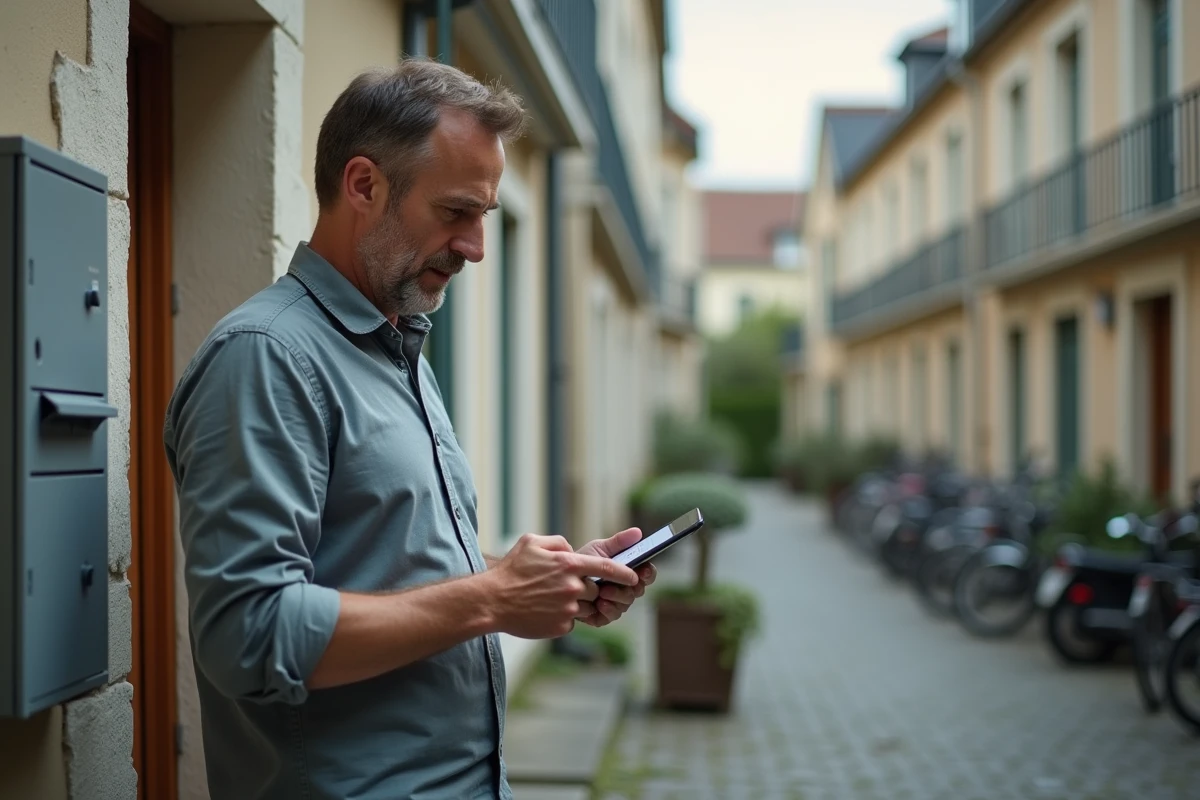Homme consultant une application immobilière sur smartphone dans une résidence de Champs-sur-Marne