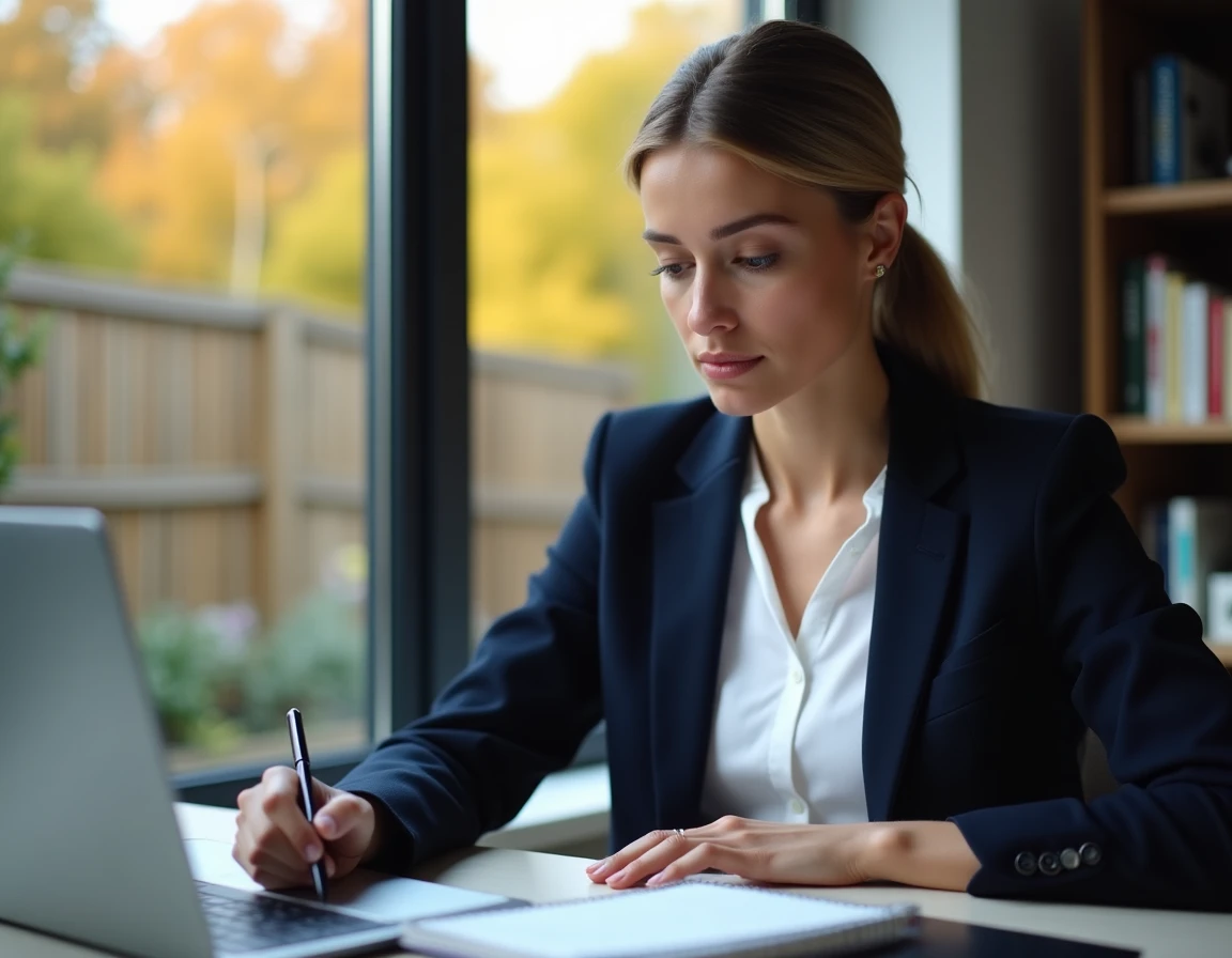 Une femme recherche le propriétaire d'une parcelle sans adresse sur le site du cadastre en ligne depuis son bureau à domicile