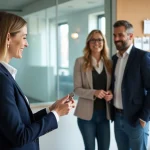 Agent immobilière remettant les clés d'un bien à un couple lors d'une transaction en agence immobilière