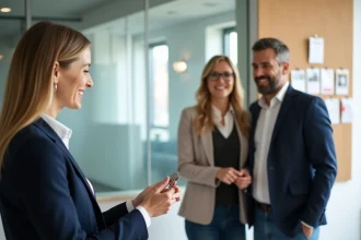 Agent immobilière remettant les clés d'un bien à un couple lors d'une transaction en agence immobilière