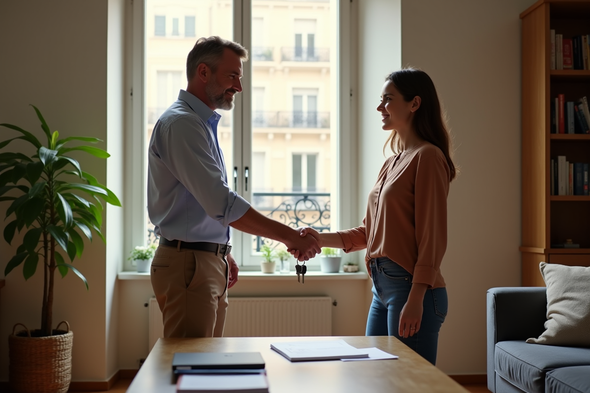 Remise des clés entre un homme et une jeune femme dans un salon