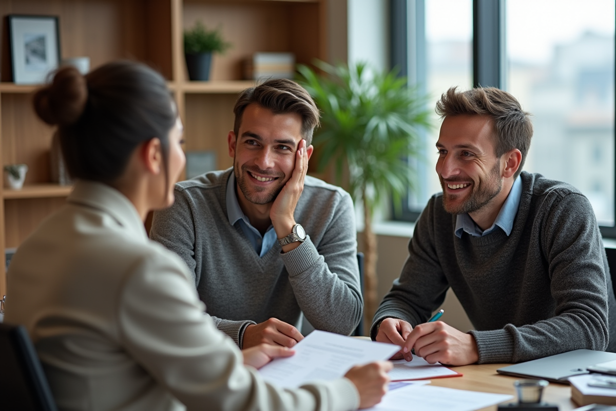 Couple rencontre conseiller financier dans bureau moderne