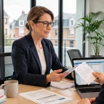 Femme professionnelle renégociant un bail immobilier autour d'une table de conférence avec des documents contractuels
