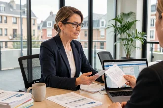 Femme professionnelle renégociant un bail immobilier autour d'une table de conférence avec des documents contractuels