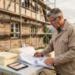 Vue d'ensemble d'un chantier de rénovation énergétique en Alsace avec un professionnel consultant des plans devant une maison à colombages