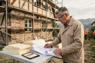 Vue d'ensemble d'un chantier de rénovation énergétique en Alsace avec un professionnel consultant des plans devant une maison à colombages
