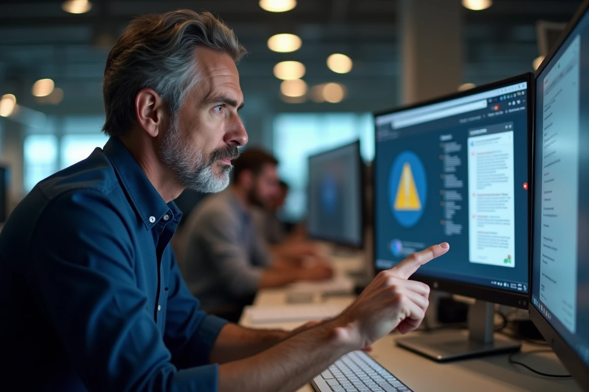 Homme résolvant un bug de connexion sur la plateforme Playiad IAD dans un bureau professionnel