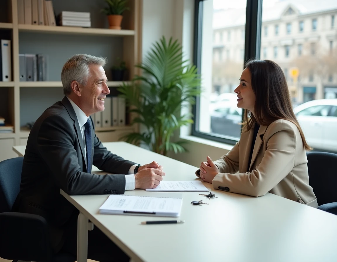 Réunion professionnelle en agence immobilière avec attestation de remise de clés et document PDF sur la table