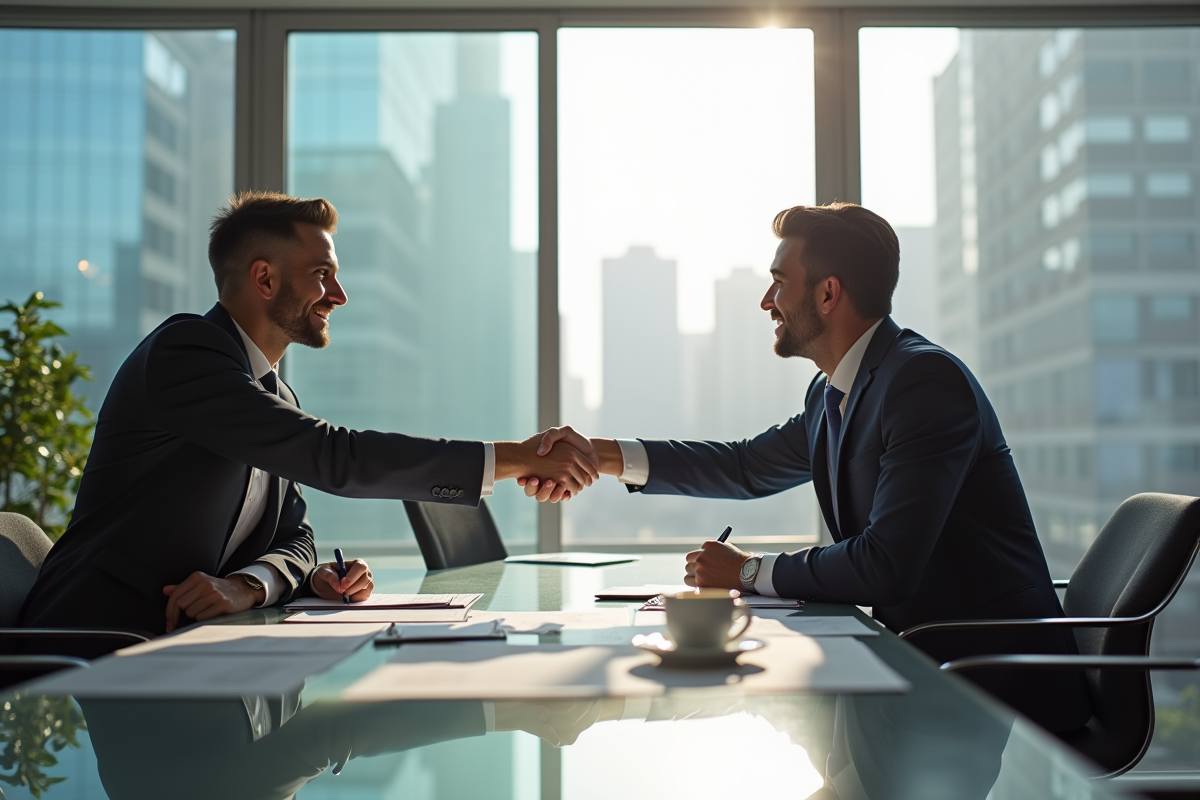 Conseiller fiscal et client se serrant la main dans un bureau moderne
