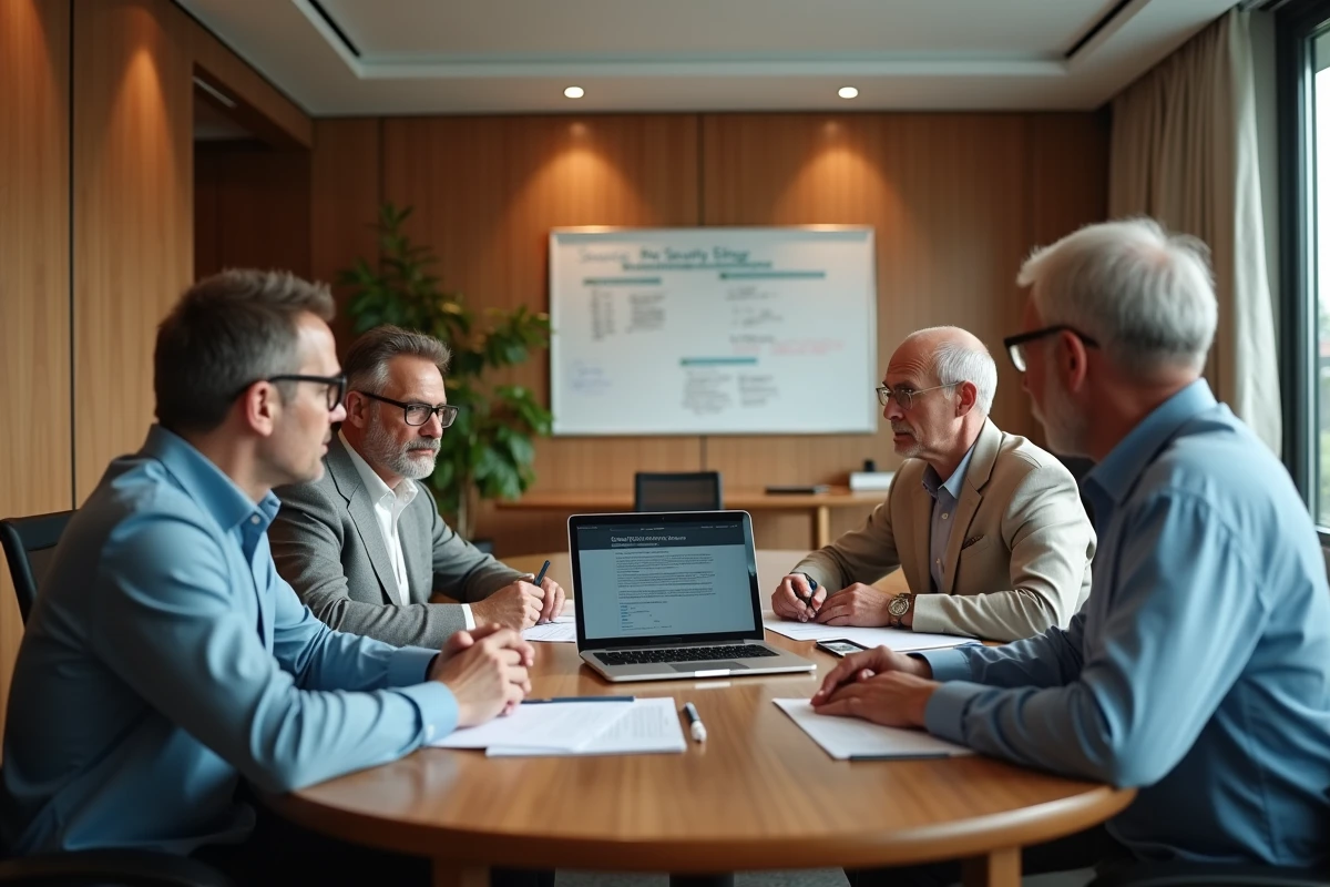 Réunion de copropriétaires autour d'une table consultant un blog de sécurité pour décider d'un investissement en vidéosurveillance