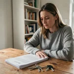 Femme réfléchissant à la revente d'un bien immobilier acheté avec un PTZ lors d'une séparation, documents officiels et clés de maison sur la table